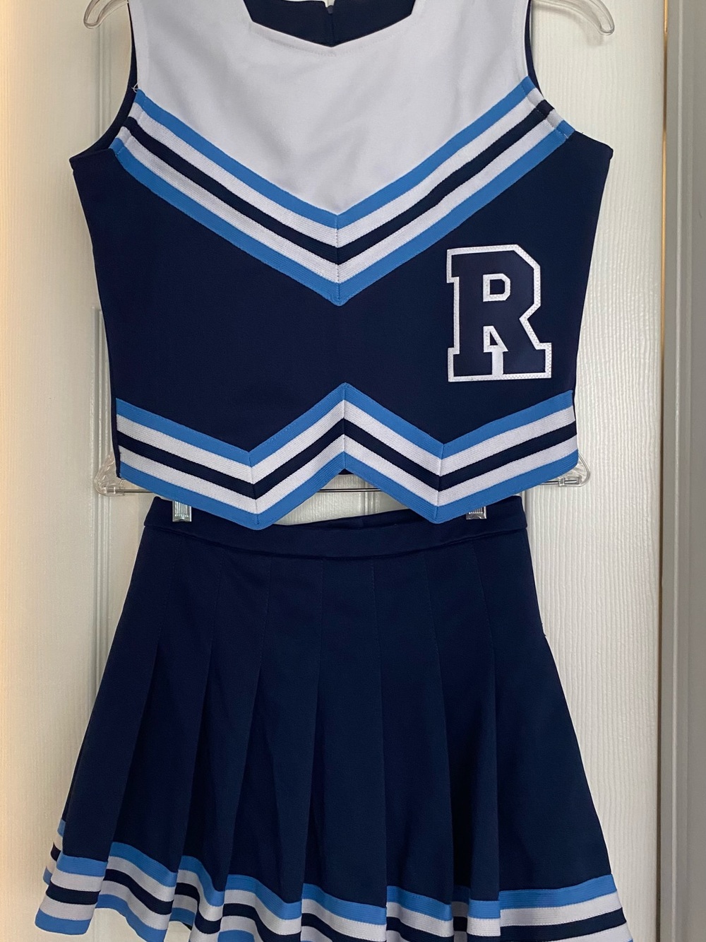 Young Girl’s Cheerleading Set with Navy & White with Light Blue Stripes JR - XL.